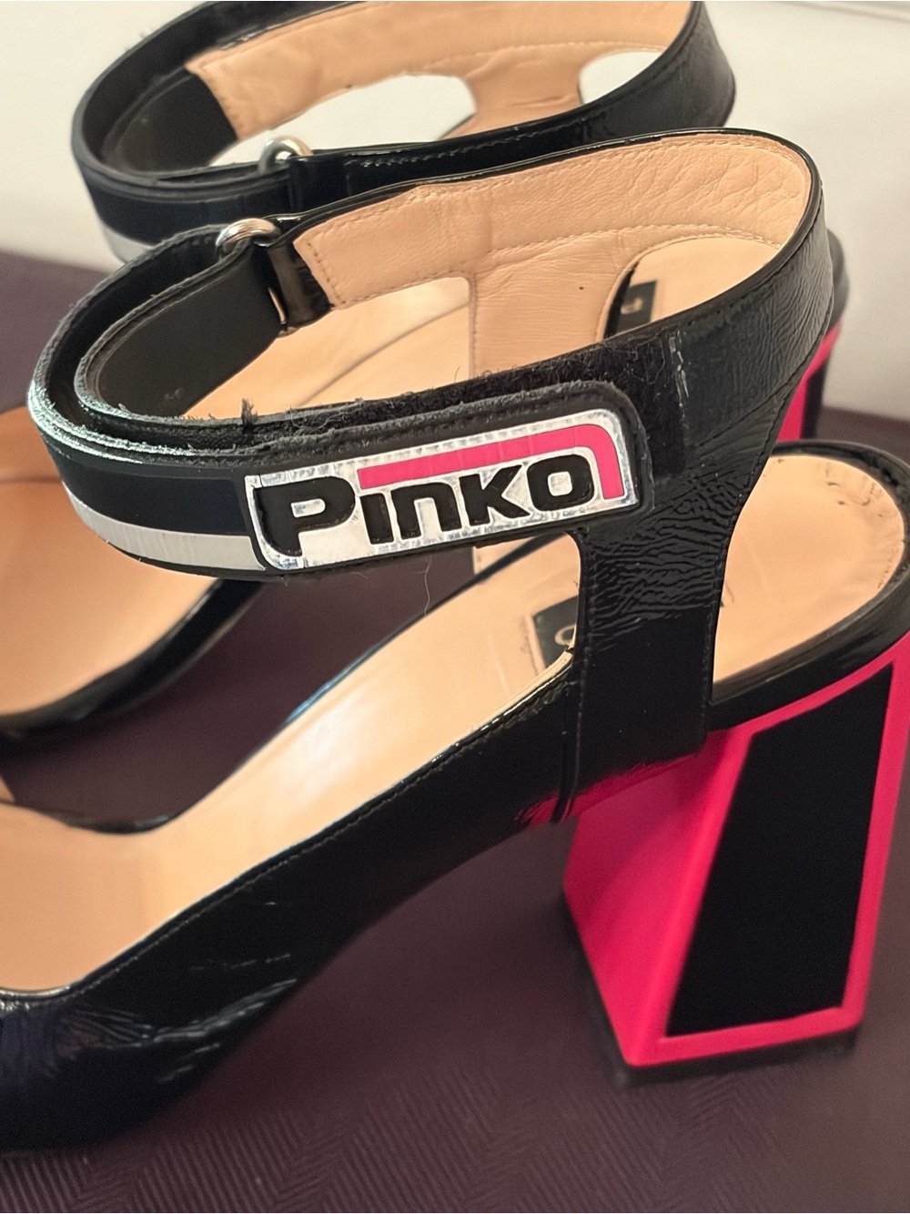 PINKO RAME Patent Leather Block High Heels In Fuchsia And Black Womens EU 39 - Picture 4 of 15